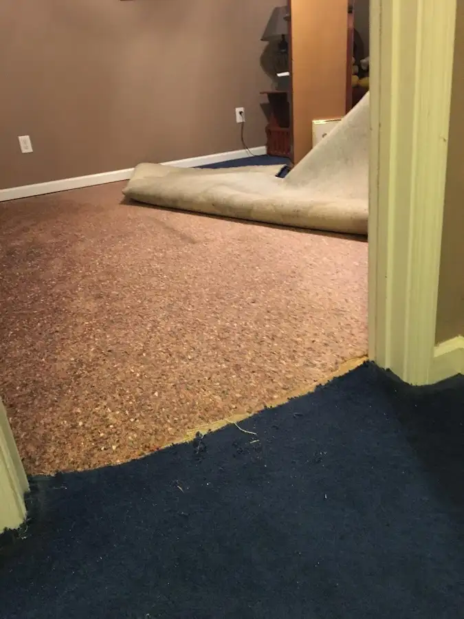 Carpet pad removal revealing water damage during Drying & Dehumidification in Lincoln Village